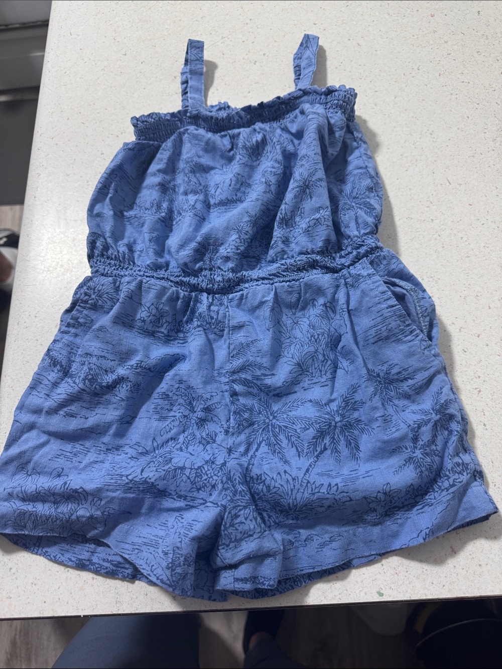 GAP Blue Palm-Print Smocked Waist Girls' Romper